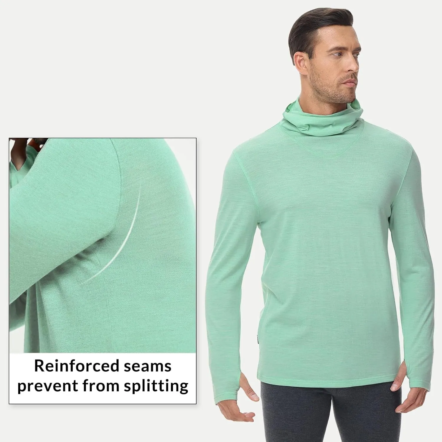 baleaf Men's 100% Merino Wool Base Layer Thermal Underwear Warm Insulating Undershirts with Balaclava Ski Snowboarding