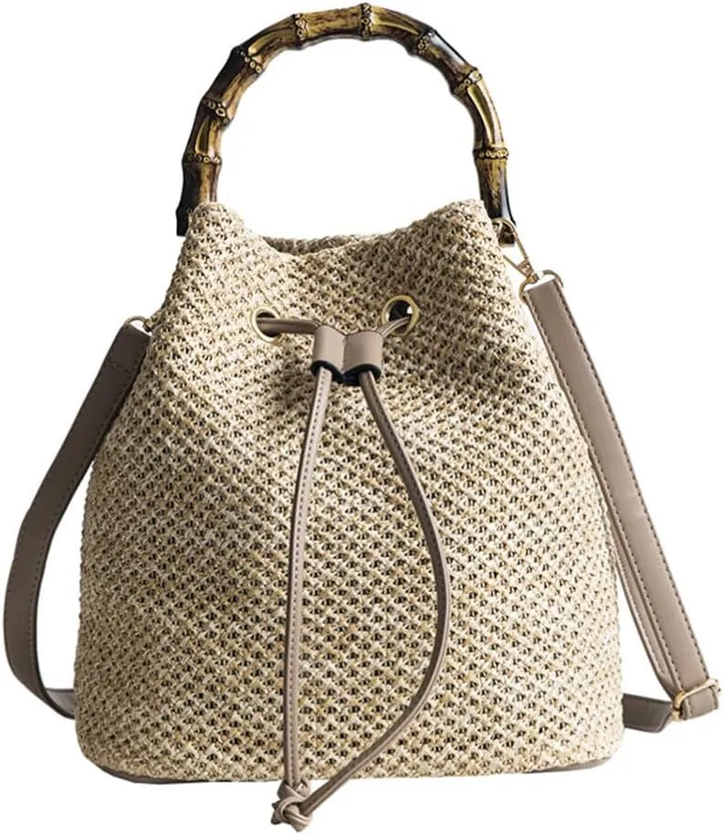Bamboo Bucket Handbag Straw Drawstring Bag Crossbody Purse Woven Shoulder Bag Fashionable Straw Purse