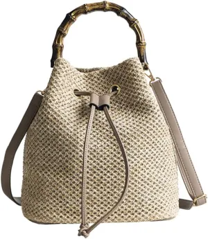 Bamboo Bucket Handbag Straw Drawstring Bag Crossbody Purse Woven Shoulder Bag Fashionable Straw Purse