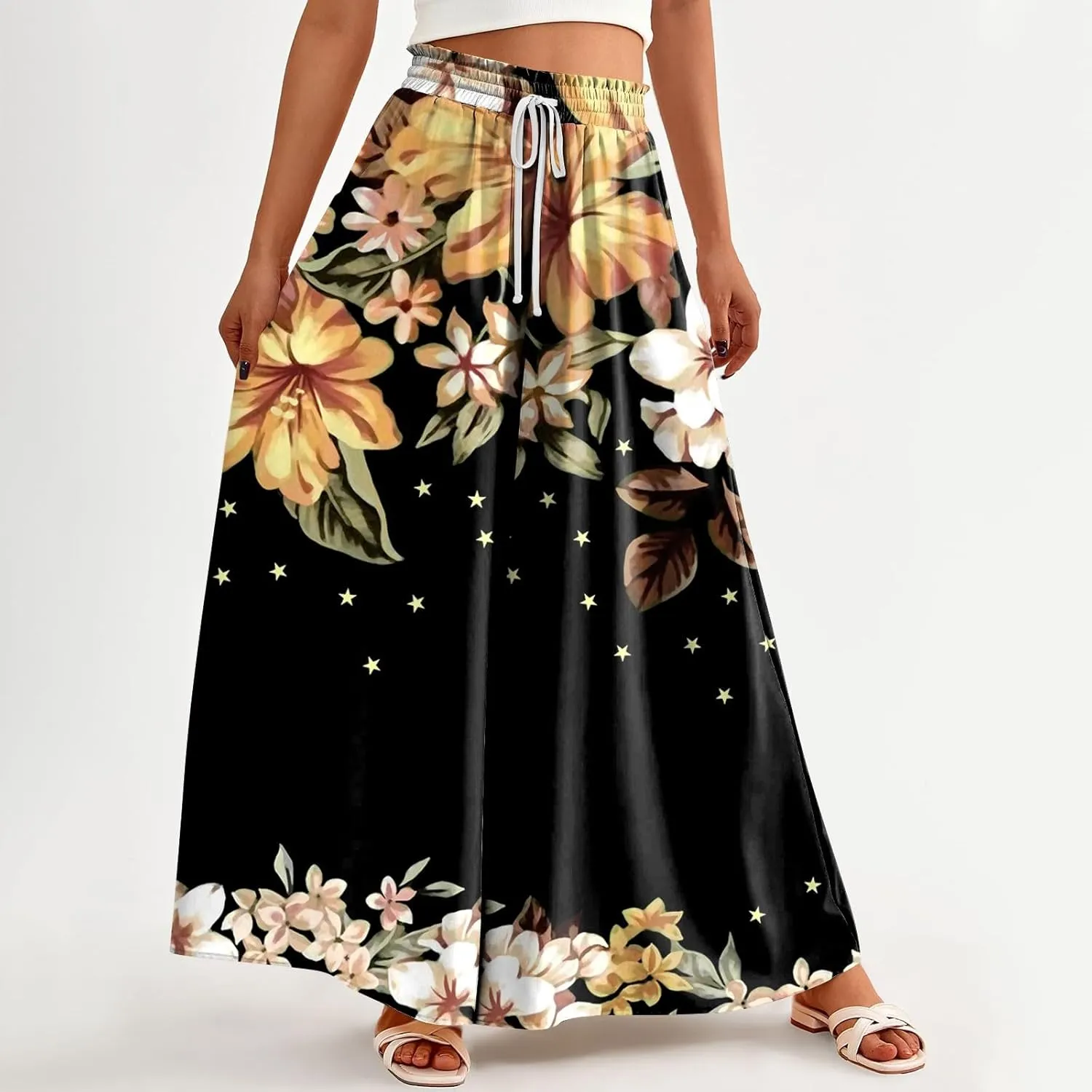 Basysin Flowy Pants for Women Summer Wide Leg Palazzo Pants High Waist Pockets Floral Print Casual Lounge Boho Beach Trousers