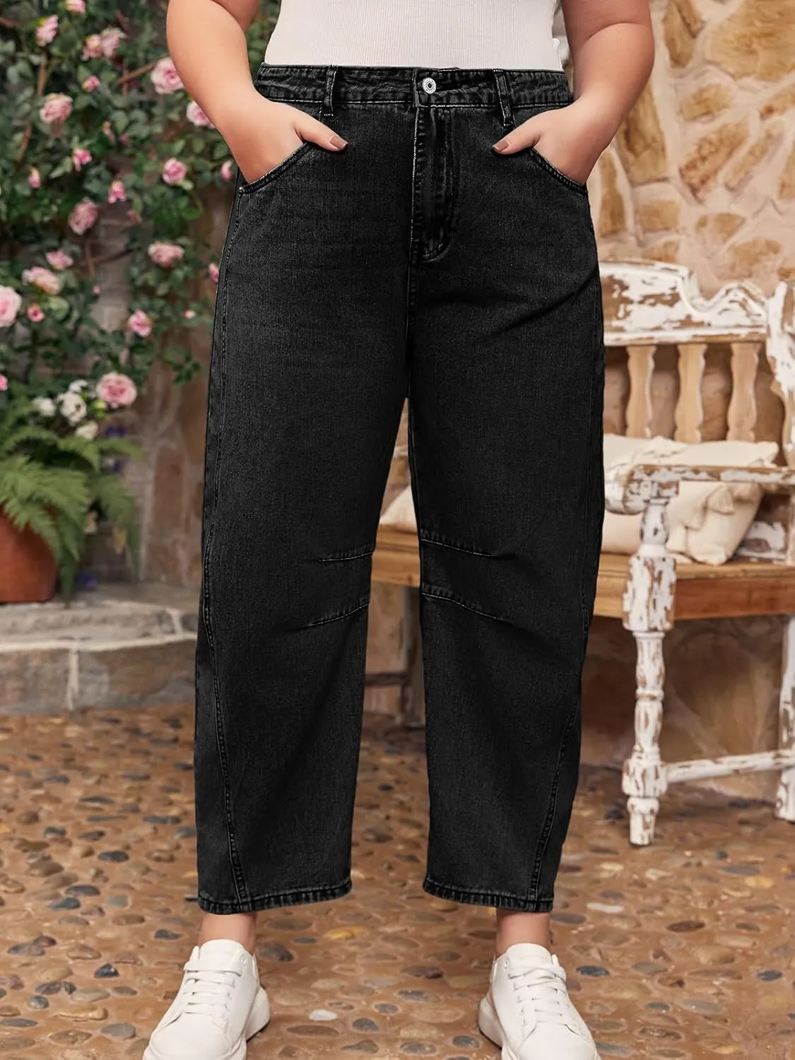 Beautife Womens Plus Size Barrel Jeans Baggy Boyfriend Mid Rise Wide Leg Cropped Ankle Horseshoe Denim Pants