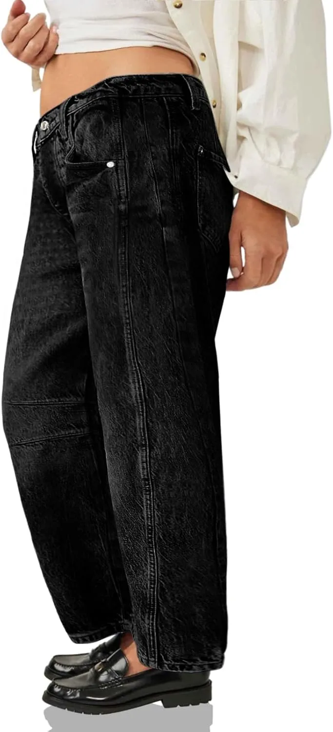 Beautife Womens Plus Size Barrel Jeans Baggy Boyfriend Mid Rise Wide Leg Cropped Ankle Horseshoe Denim Pants