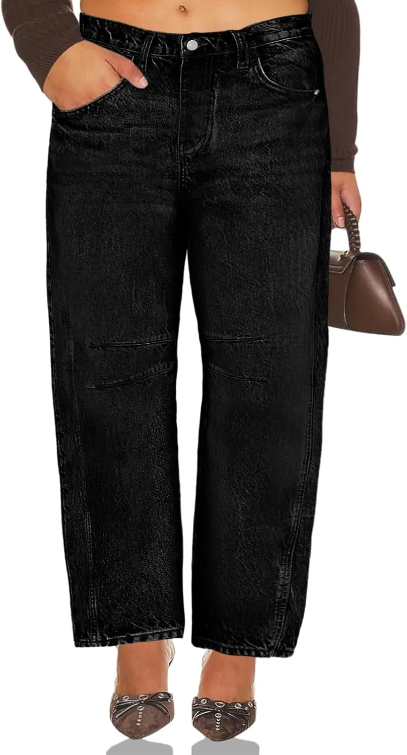 Beautife Womens Plus Size Barrel Jeans Baggy Boyfriend Mid Rise Wide Leg Cropped Ankle Horseshoe Denim Pants