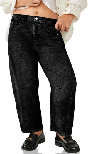 Beautife Womens Plus Size Barrel Jeans Baggy Boyfriend Mid Rise Wide Leg Cropped Ankle Horseshoe Denim Pants
