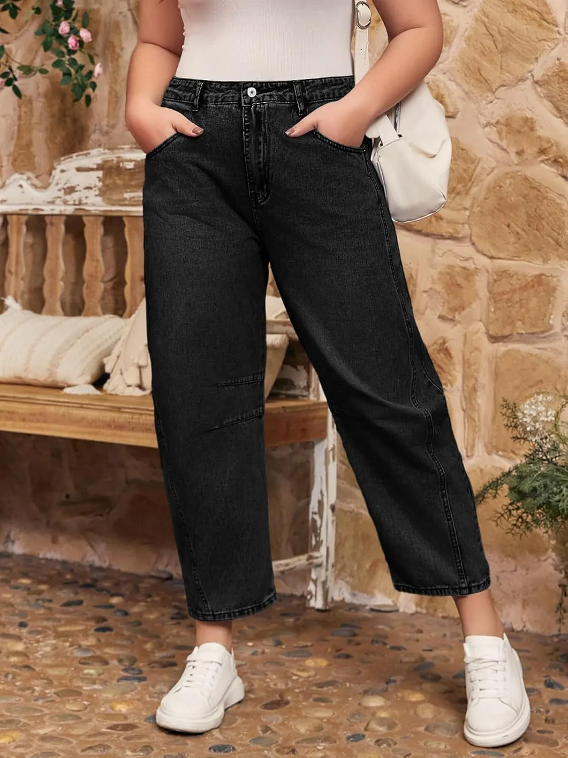 Beautife Womens Plus Size Barrel Jeans Baggy Boyfriend Mid Rise Wide Leg Cropped Ankle Horseshoe Denim Pants