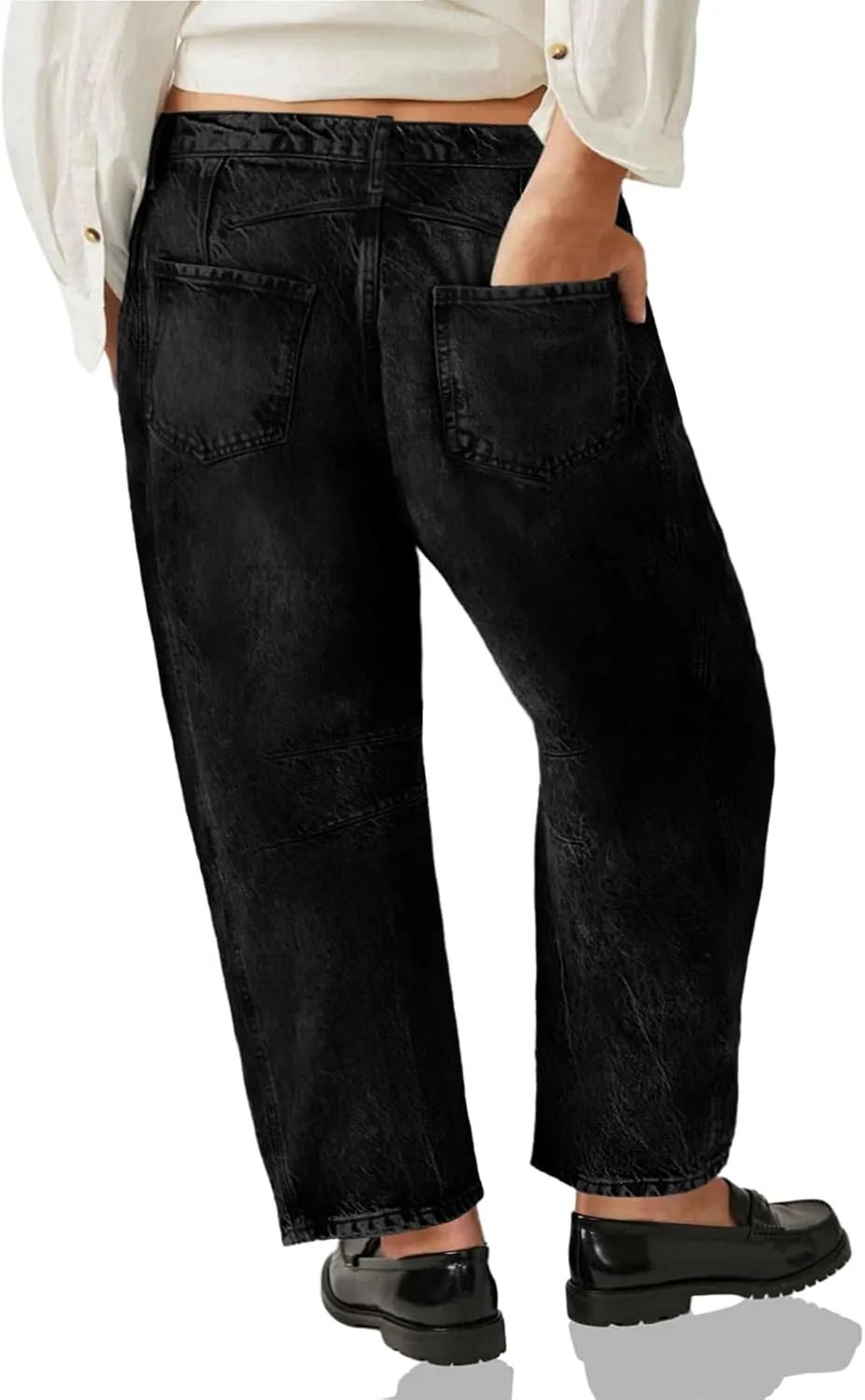 Beautife Womens Plus Size Barrel Jeans Baggy Boyfriend Mid Rise Wide Leg Cropped Ankle Horseshoe Denim Pants