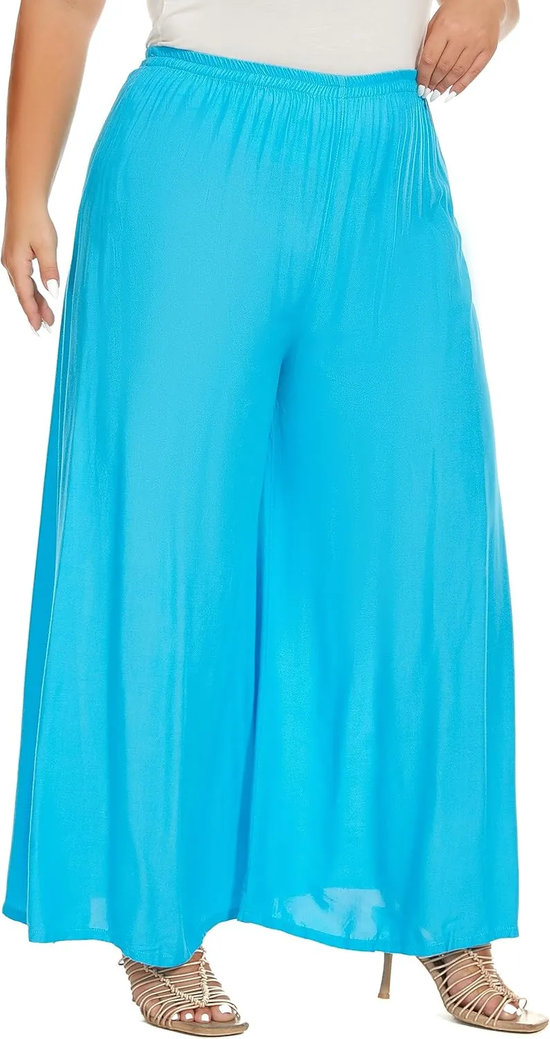 Beautybatik Solid Rayon Women Flowy Loose Palazzo Wide Leg Flare Pants Trouser Plus Size XL 1X 2X 3X
