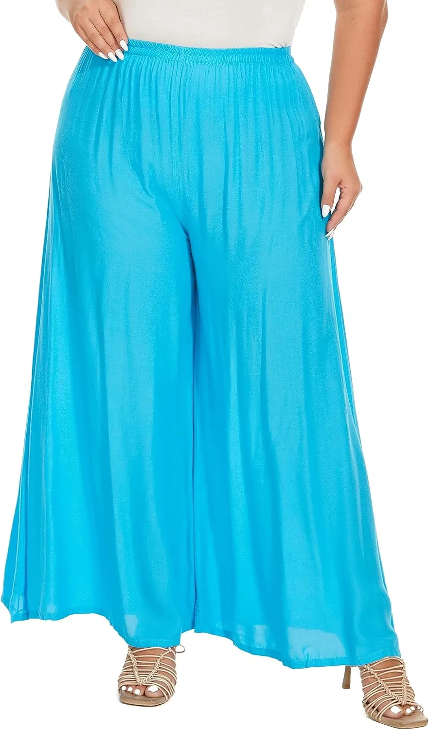 Beautybatik Solid Rayon Women Flowy Loose Palazzo Wide Leg Flare Pants Trouser Plus Size XL 1X 2X 3X