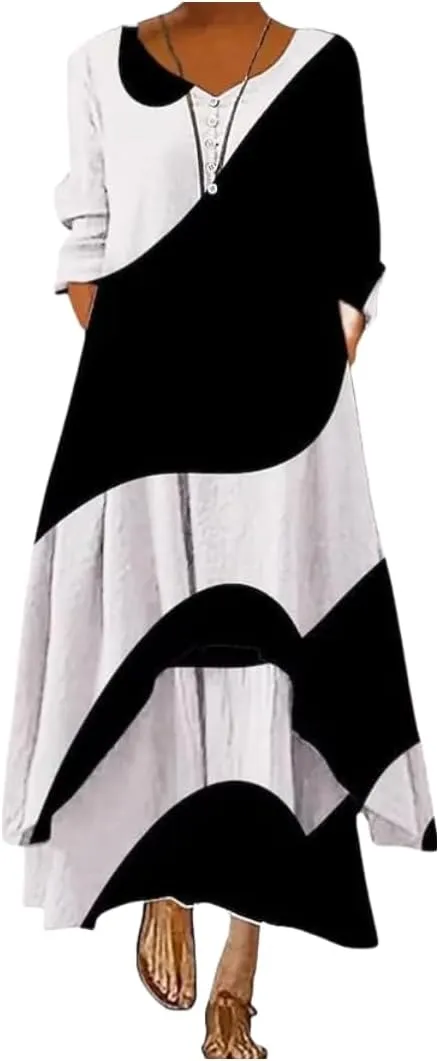 Bengbobar Women's Linen Dress Long Sleeve Maxi Dress Irregular Hem Spring Flowy Plus Size Beach Boho Floral 2 Pieces Dresses