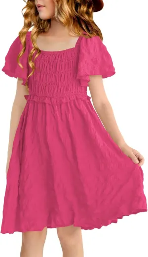 BesserBay Summer Girls Square Neck Smocked Short Sleeve Solid Midi Dress 5-14 Years