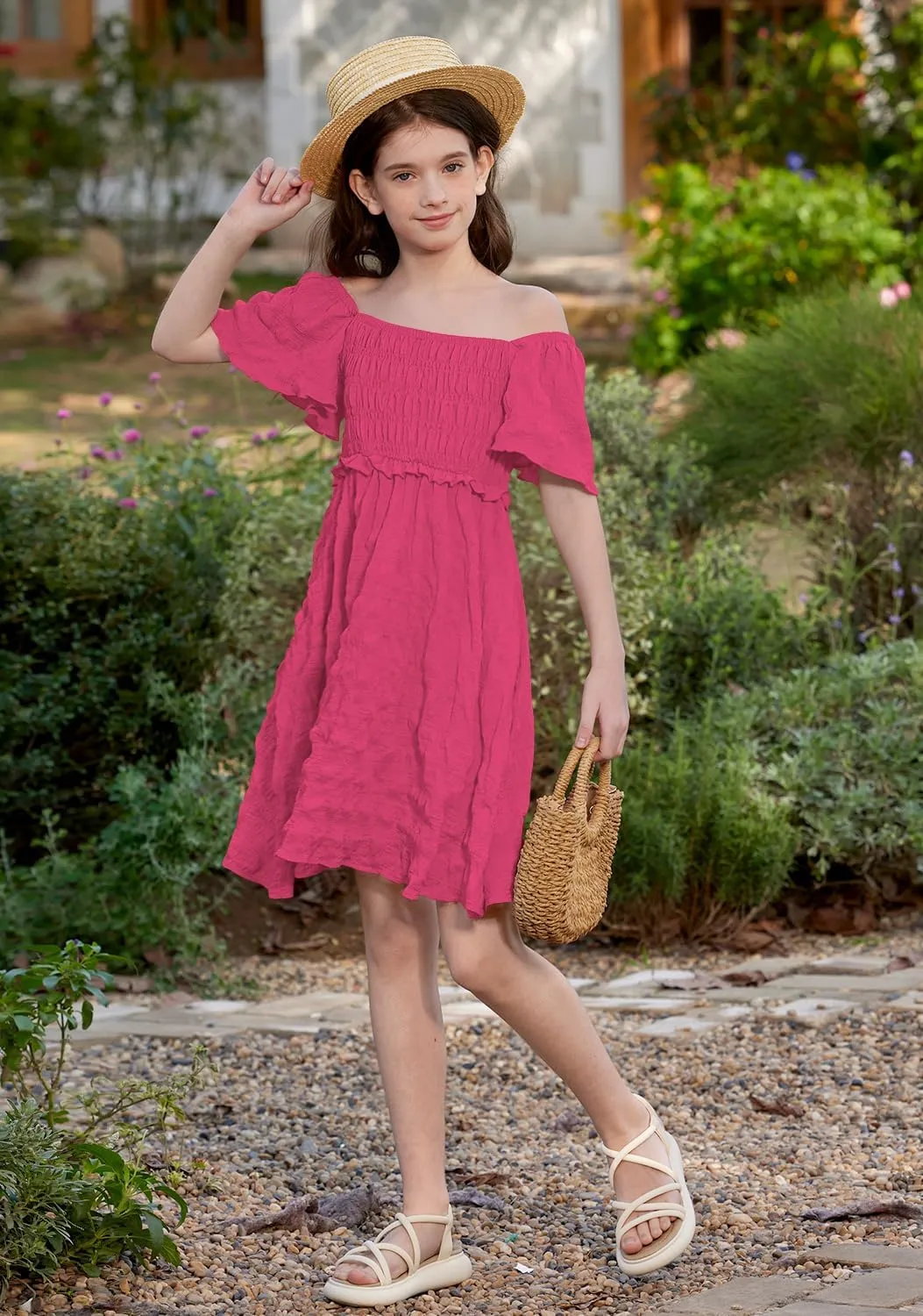 BesserBay Summer Girls Square Neck Smocked Short Sleeve Solid Midi Dress 5-14 Years