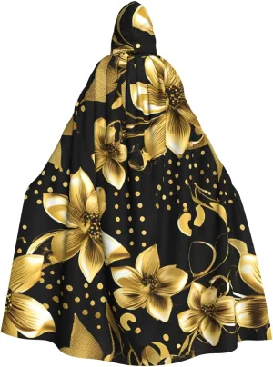 black and gold flowers print Hooded cape for adults, Oversized Hooded Cloak with Bow Tie, Adult party dress cape