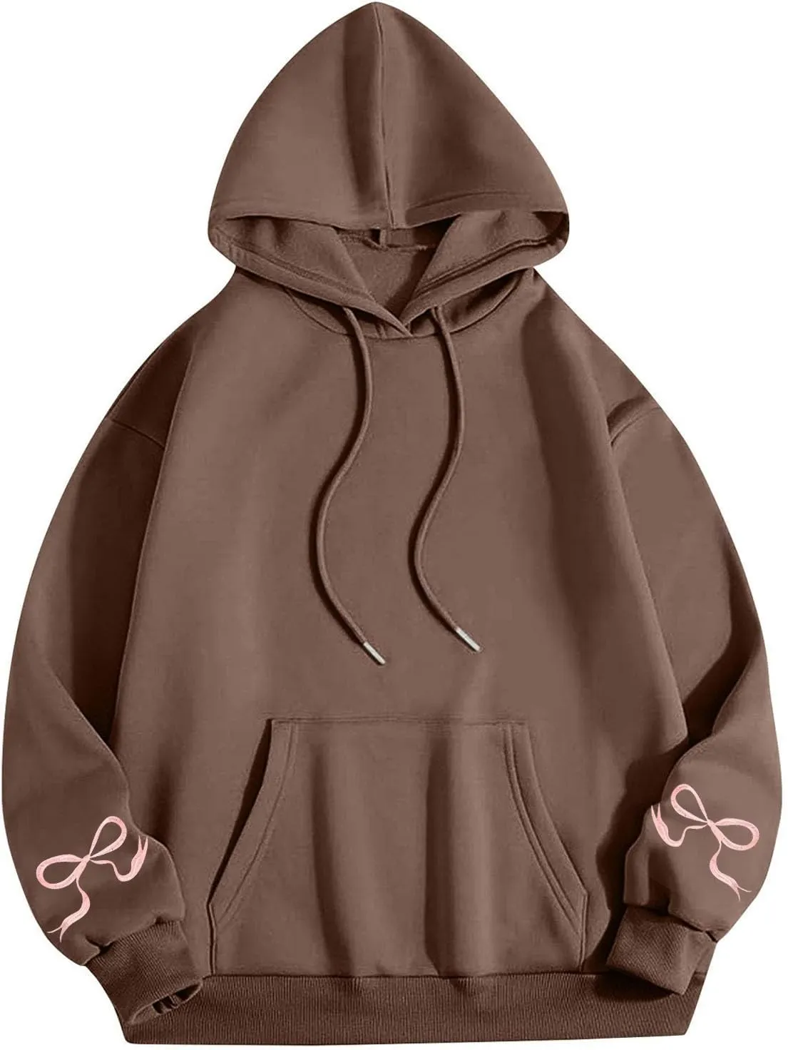 Black Oversized Hoodie Women Pink Ribbon Detail Fleece Lined Pullover Hooded Sweatshirt Drawstring Streetwear