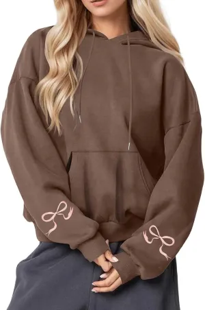 Black Oversized Hoodie Women Pink Ribbon Detail Fleece Lined Pullover Hooded Sweatshirt Drawstring Streetwear