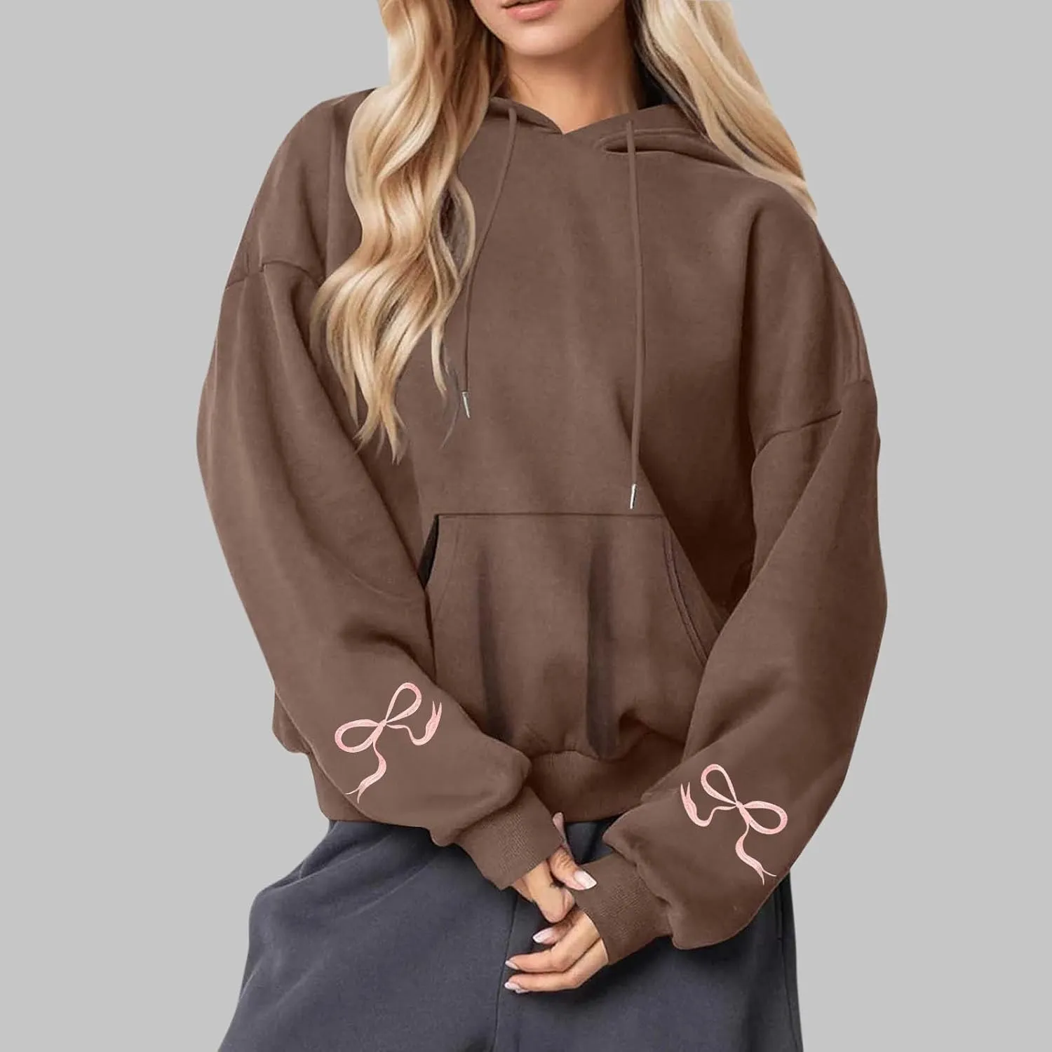 Black Oversized Hoodie Women Pink Ribbon Detail Fleece Lined Pullover Hooded Sweatshirt Drawstring Streetwear