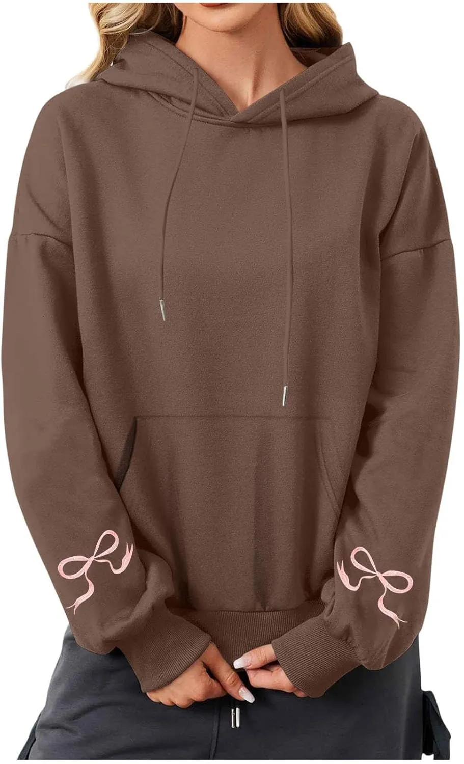 Black Oversized Hoodie Women Pink Ribbon Detail Fleece Lined Pullover Hooded Sweatshirt Drawstring Streetwear