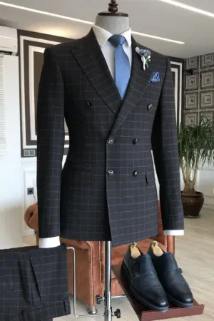 Black Peaked Lapel Double Breasted Business Suits With Blue Plaid Slim Fit Wedding Groom Suits