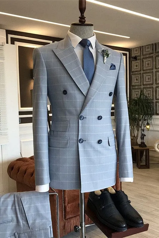 Blue Peaked Lapel Plaid Business Suits Two Poeces Double-Breasted Wedding Suits