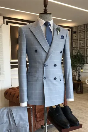 Blue Peaked Lapel Plaid Business Suits Two Poeces Double-Breasted Wedding Suits