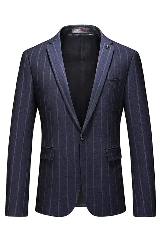 Blue Peaked Lapel Striped Business Suits Men One Button Prom Suits