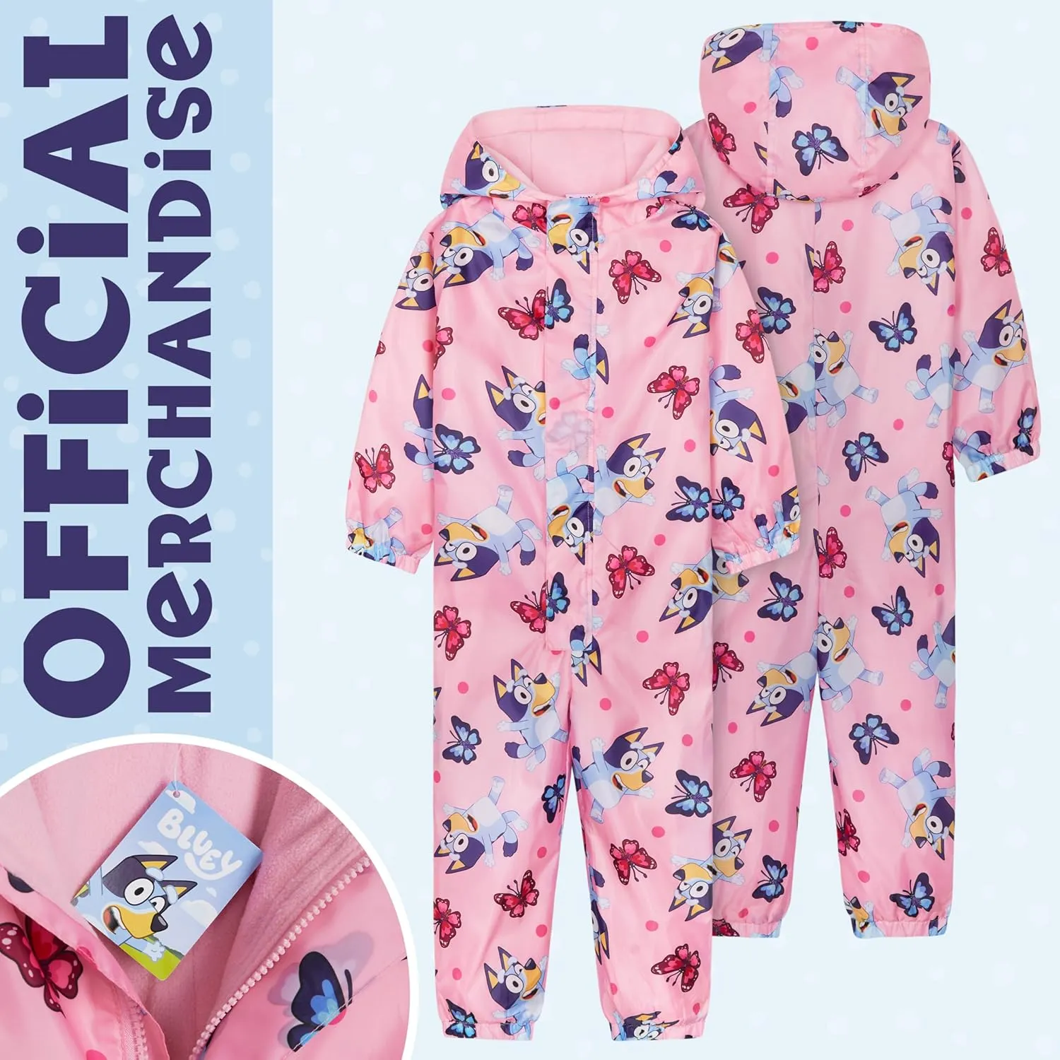 Bluey Girls Rain Suit, Coverall Waterproof Rain Jacket, Breathable Kids Mud Suit with Hood Fleece Lined, Gifts for Kids