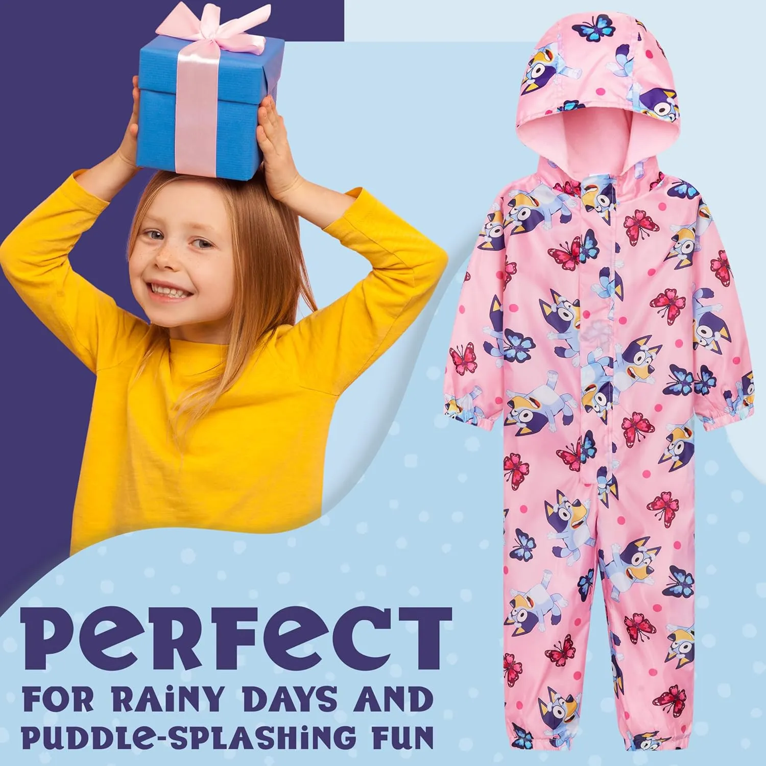 Bluey Girls Rain Suit, Coverall Waterproof Rain Jacket, Breathable Kids Mud Suit with Hood Fleece Lined, Gifts for Kids