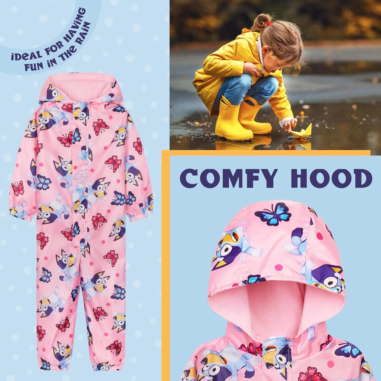Bluey Girls Rain Suit, Coverall Waterproof Rain Jacket, Breathable Kids Mud Suit with Hood Fleece Lined, Gifts for Kids