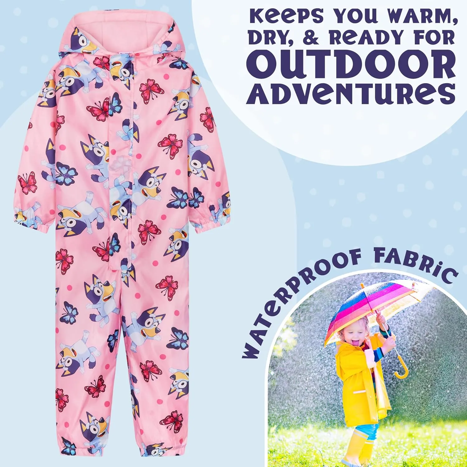 Bluey Girls Rain Suit, Coverall Waterproof Rain Jacket, Breathable Kids Mud Suit with Hood Fleece Lined, Gifts for Kids