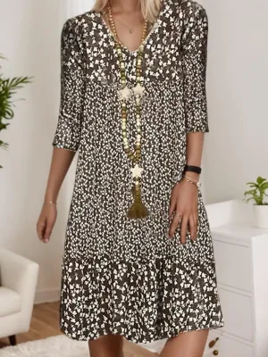 Bohemian Midi Dress for Women Summer Casual Floral Half Sleeve V Neck Flowy Beach Vacation Shift Long Tunic Dress