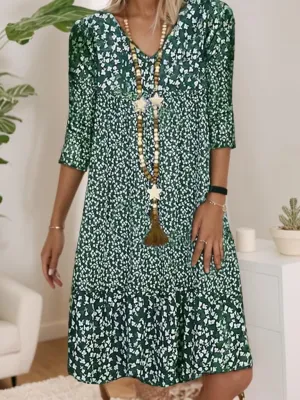 Bohemian Midi Dress for Women Summer Casual Floral Half Sleeve V Neck Flowy Beach Vacation Shift Long Tunic Dress