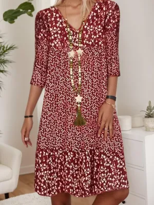 Bohemian Midi Dress for Women Summer Casual Floral Half Sleeve V Neck Flowy Beach Vacation Shift Long Tunic Dress