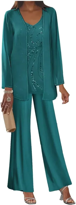 BOLENSYE Women's 3 Pieces Mother of The Bride Dress Pant Suits with Jacket Sequin Lace Formal Dress