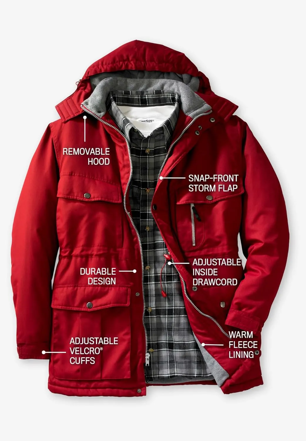 Boulder Creek by KingSize Men's Big & Tall Fleece-Lined Parka With Detachable Hood And 6 Pockets