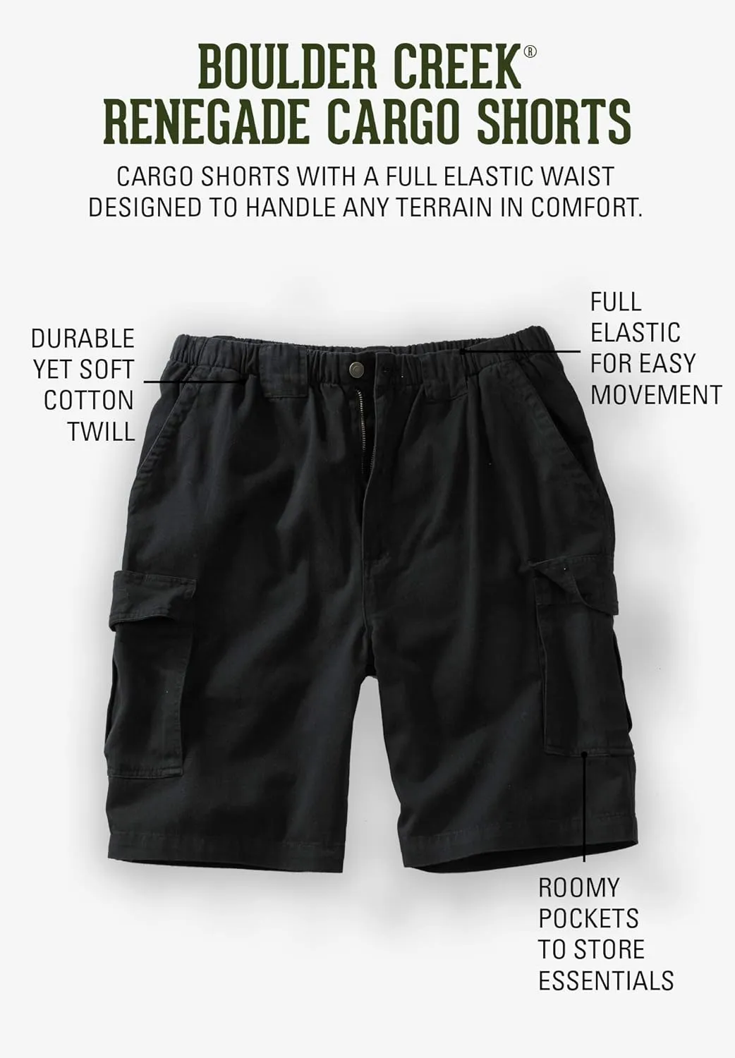 Boulder Creek by Kingsize Men's Big & Tall Renegade 9" Full Elastic Waist Cargo Shorts