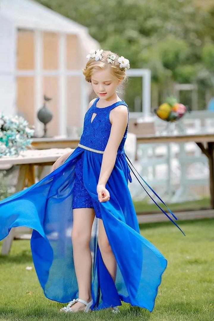 Bow Dream Chiffon Junior Bridesmaid Dresses Girls Wedding Party Rhinestone Maxi Long Evening Gown Dance Wear