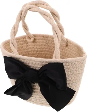Bowknot Woven Bucket Bag Knitted Handbag Canvas Purse Bow Crossbody Bag for Fashionable Women
