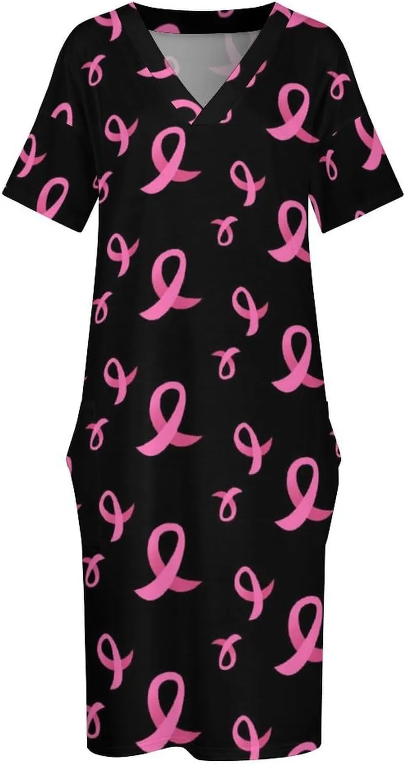 Casual Summer Comfy Dress for Women, Loose V Neck T Shirt Dress, Beach Short Sleeve Midi Dress with Pocket (S-5XL)