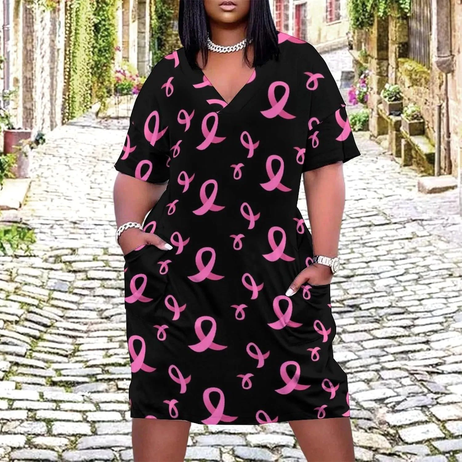 Casual Summer Comfy Dress for Women, Loose V Neck T Shirt Dress, Beach Short Sleeve Midi Dress with Pocket (S-5XL)