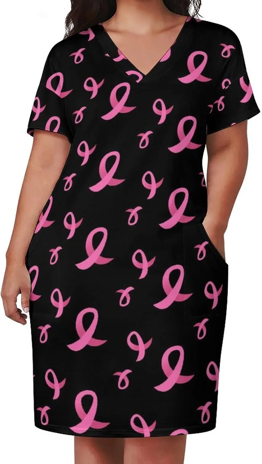 Casual Summer Comfy Dress for Women, Loose V Neck T Shirt Dress, Beach Short Sleeve Midi Dress with Pocket (S-5XL)