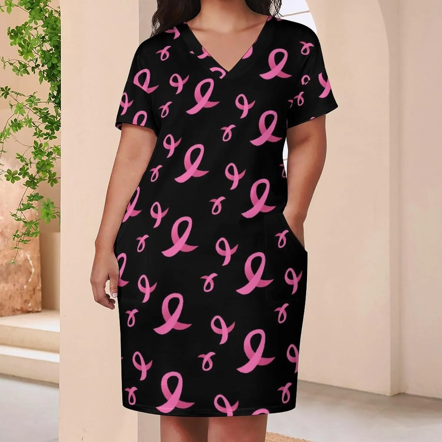 Casual Summer Comfy Dress for Women, Loose V Neck T Shirt Dress, Beach Short Sleeve Midi Dress with Pocket (S-5XL)