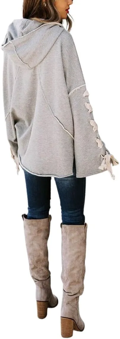 CHARTOU Women's Slouchy Hoodie Oversized Lace Up Flared Sleeve Stacked Cowl Collar Sweatshirt Tops