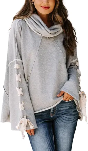 CHARTOU Women's Slouchy Hoodie Oversized Lace Up Flared Sleeve Stacked Cowl Collar Sweatshirt Tops