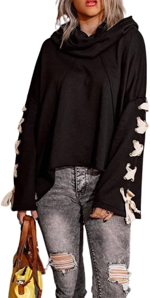 CHARTOU Women's Slouchy Hoodie Oversized Lace Up Flared Sleeve Stacked Cowl Collar Sweatshirt Tops