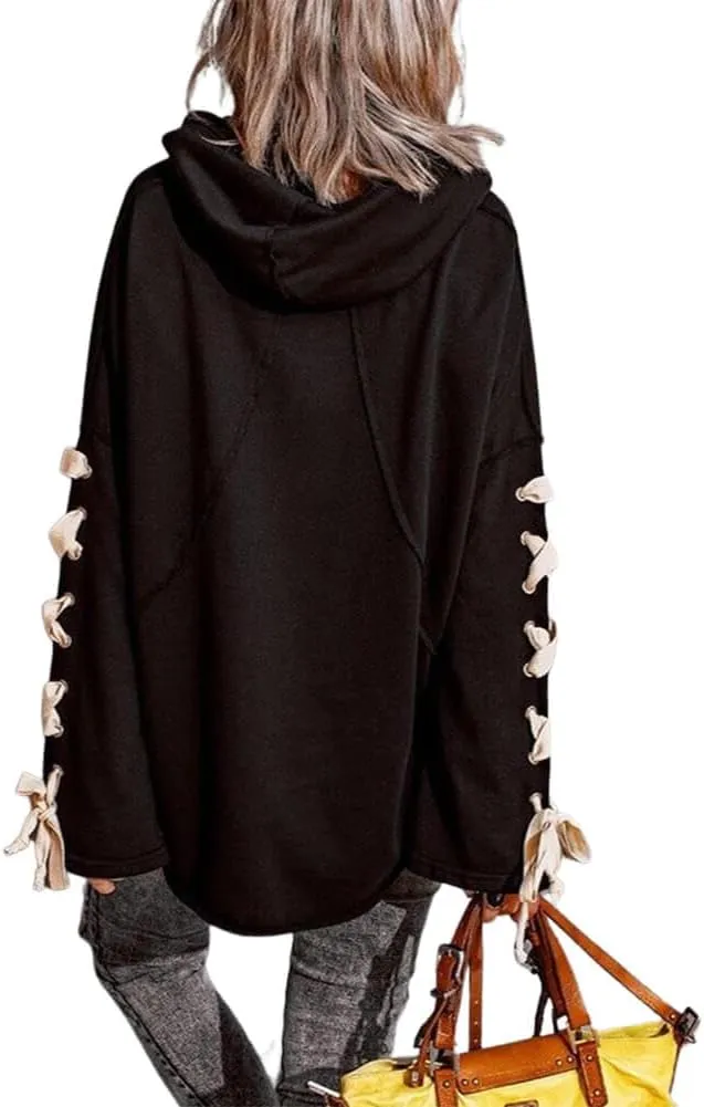 CHARTOU Women's Slouchy Hoodie Oversized Lace Up Flared Sleeve Stacked Cowl Collar Sweatshirt Tops