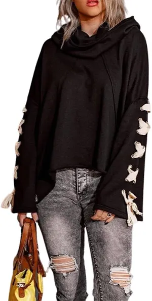 CHARTOU Women's Slouchy Hoodie Oversized Lace Up Flared Sleeve Stacked Cowl Collar Sweatshirt Tops