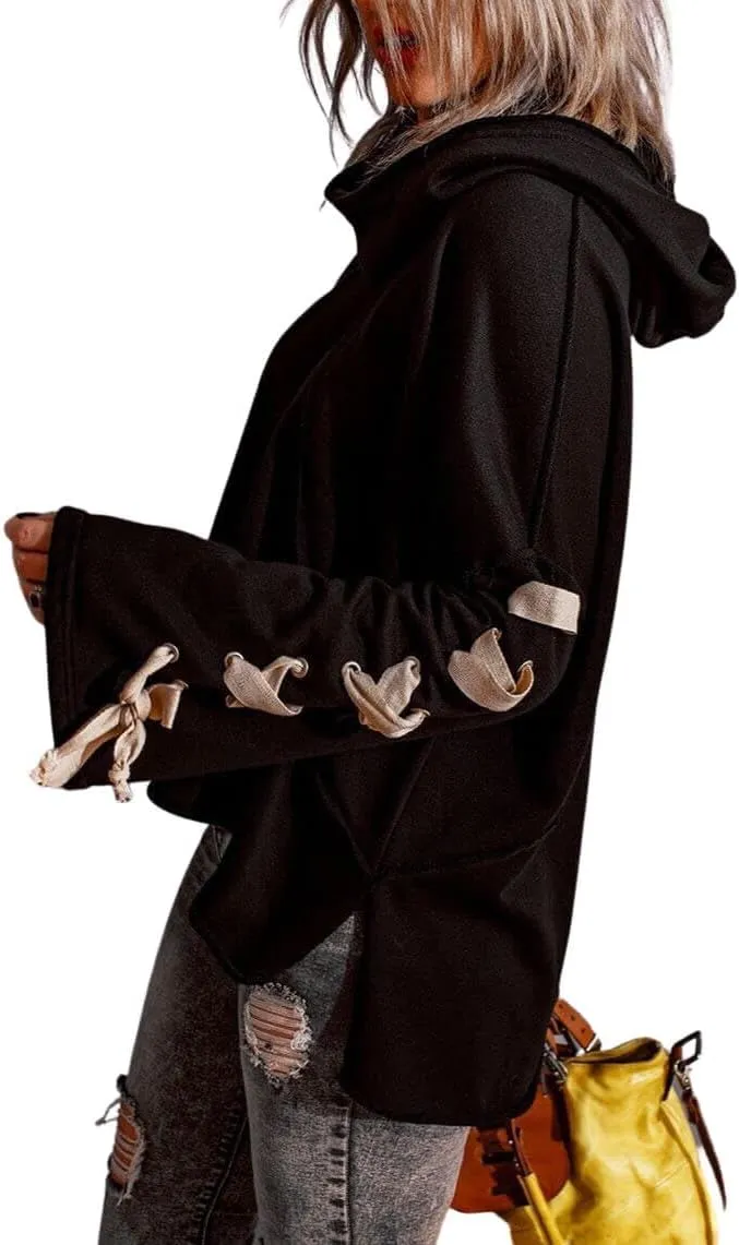 CHARTOU Women's Slouchy Hoodie Oversized Lace Up Flared Sleeve Stacked Cowl Collar Sweatshirt Tops