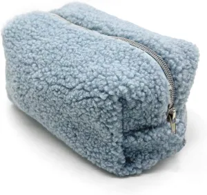 Checkered Makeup Bag, Blue Plush, Fluffy, Zippered, Portable Skincare Storage Bag, Fashionable Cosmetic Bag