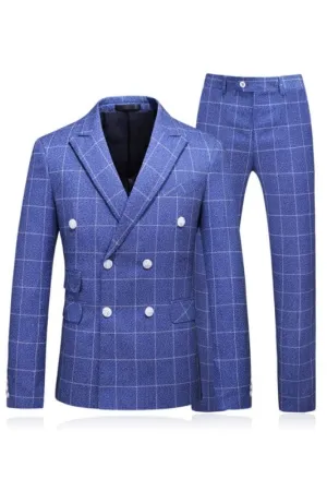 Chic Blue Plaid Peaked Lapel Two Pieces Business Suits Double-Breasted Prom Suits