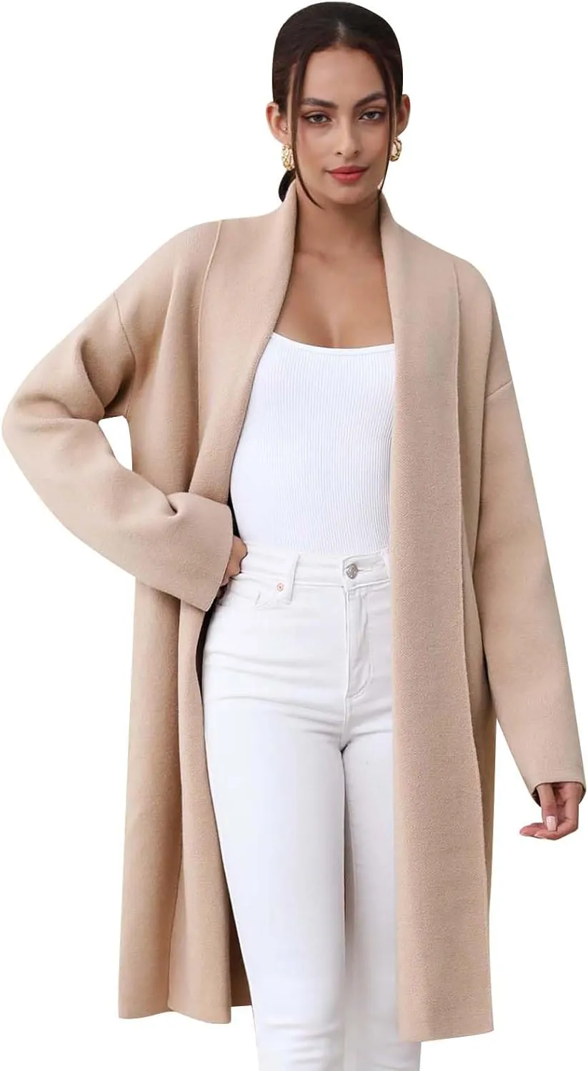 CHICWISH Women Shawl Collar Long Sleeve Cardigan Casual Open Front Knit Sweater Soft Long Coat with Pockets