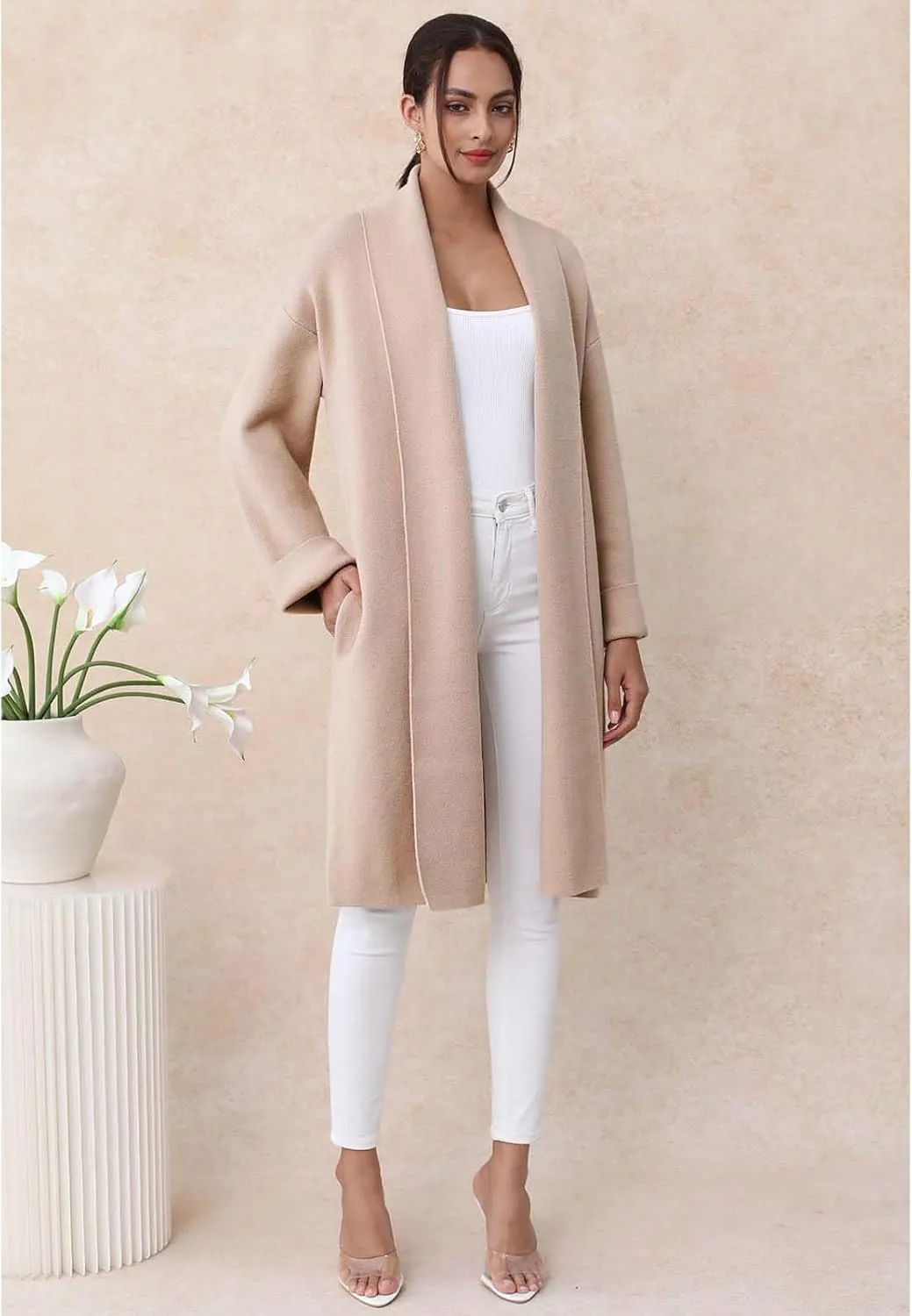 CHICWISH Women Shawl Collar Long Sleeve Cardigan Casual Open Front Knit Sweater Soft Long Coat with Pockets